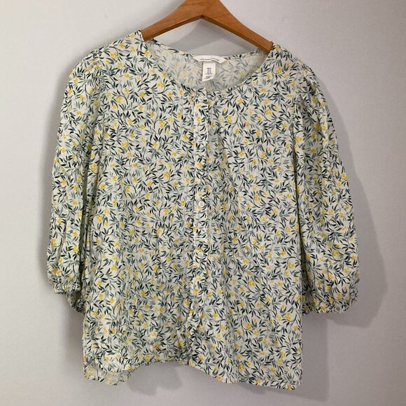 H&M Linen Blend Floral Blouse Women Size XL Summer Loose Boho Linen Blend - Picture 1 of 7